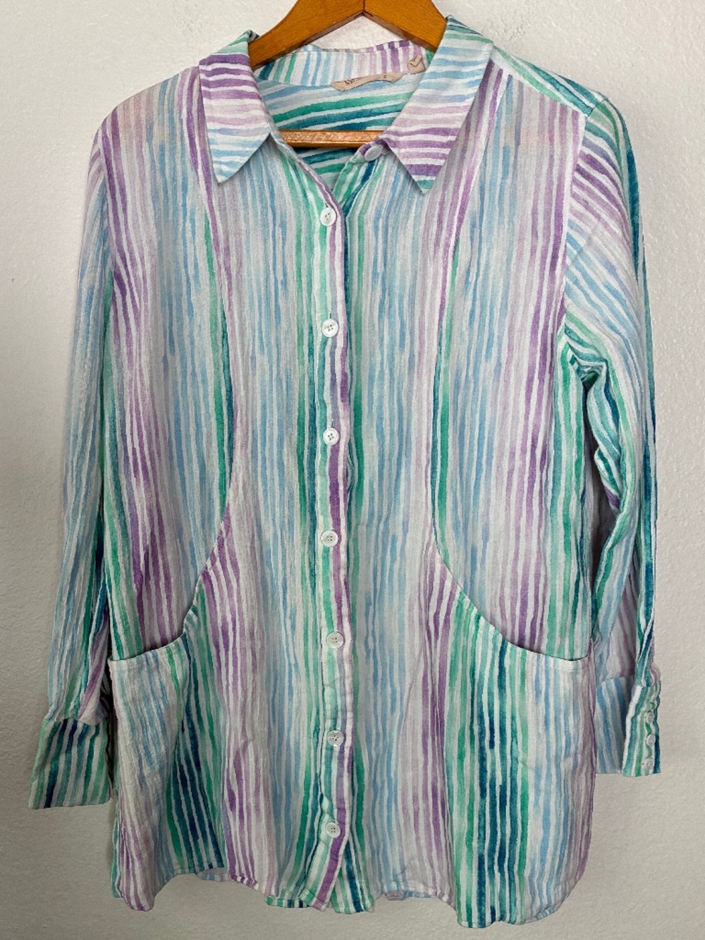 Soft Surroundings XL Pastel Stripes Gauze Button Down Shirt Tunic Lagenlook